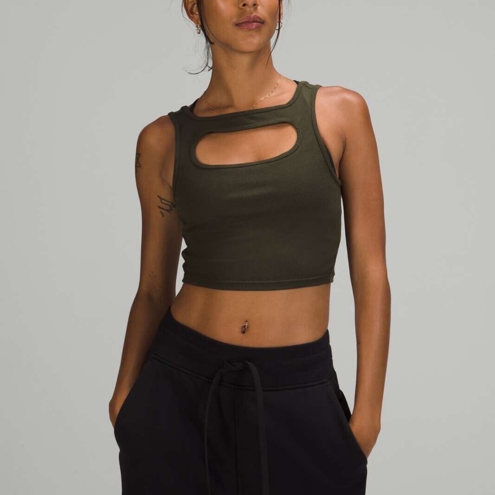 Lululemon LA Front Cut-Out Crop Tank Top Shirt Dark Olive